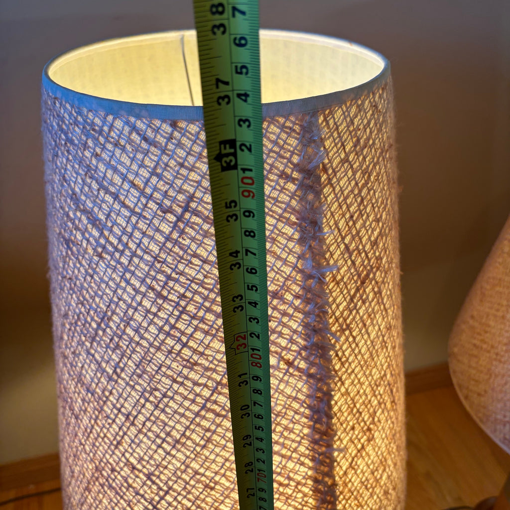 R118 Set of 2 Mid century Teak base table lamps with fabric shades (36" tall)