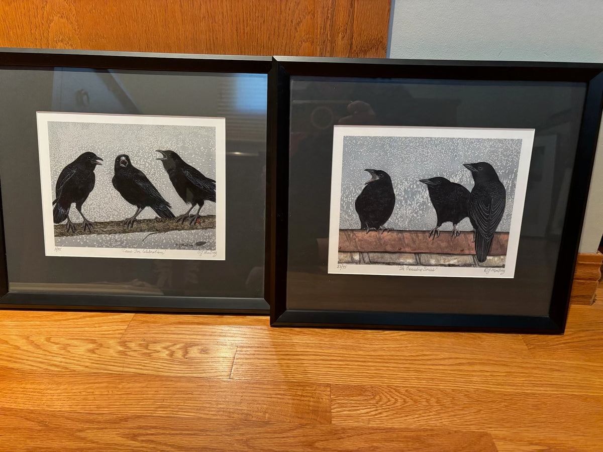R205 Set of 2 "Caws for Celebration" common crow series hand enhanced limited Giclee by Yvonne Martinez