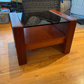 R121 Vintage Wooden side table with smoked glass