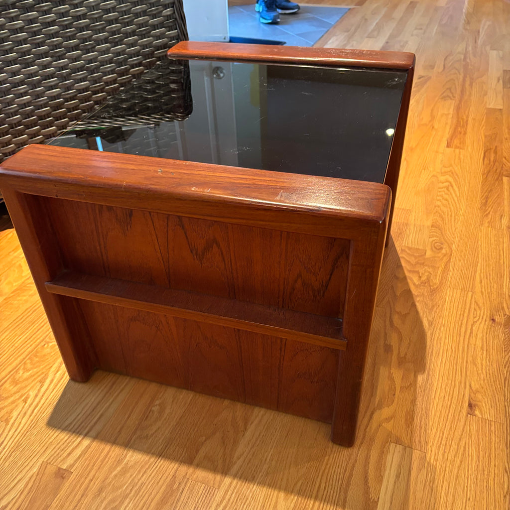 R121 Vintage Wooden side table with smoked glass