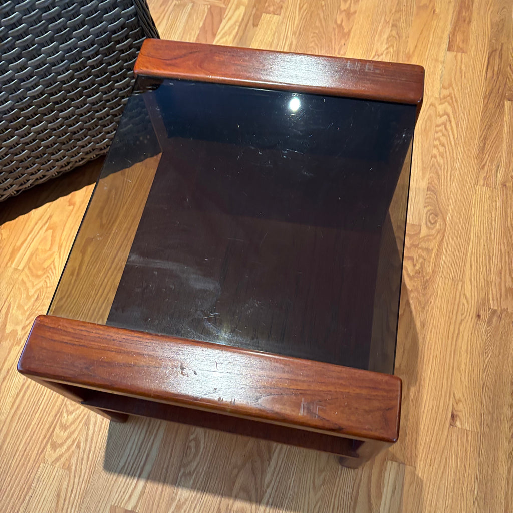 R121 Vintage Wooden side table with smoked glass