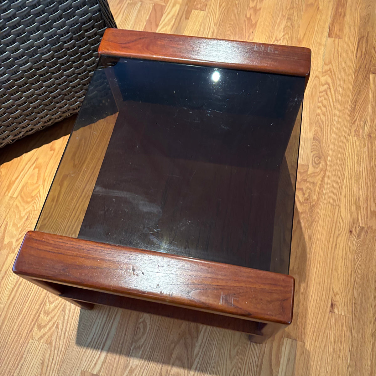 R121 Vintage Wooden side table with smoked glass