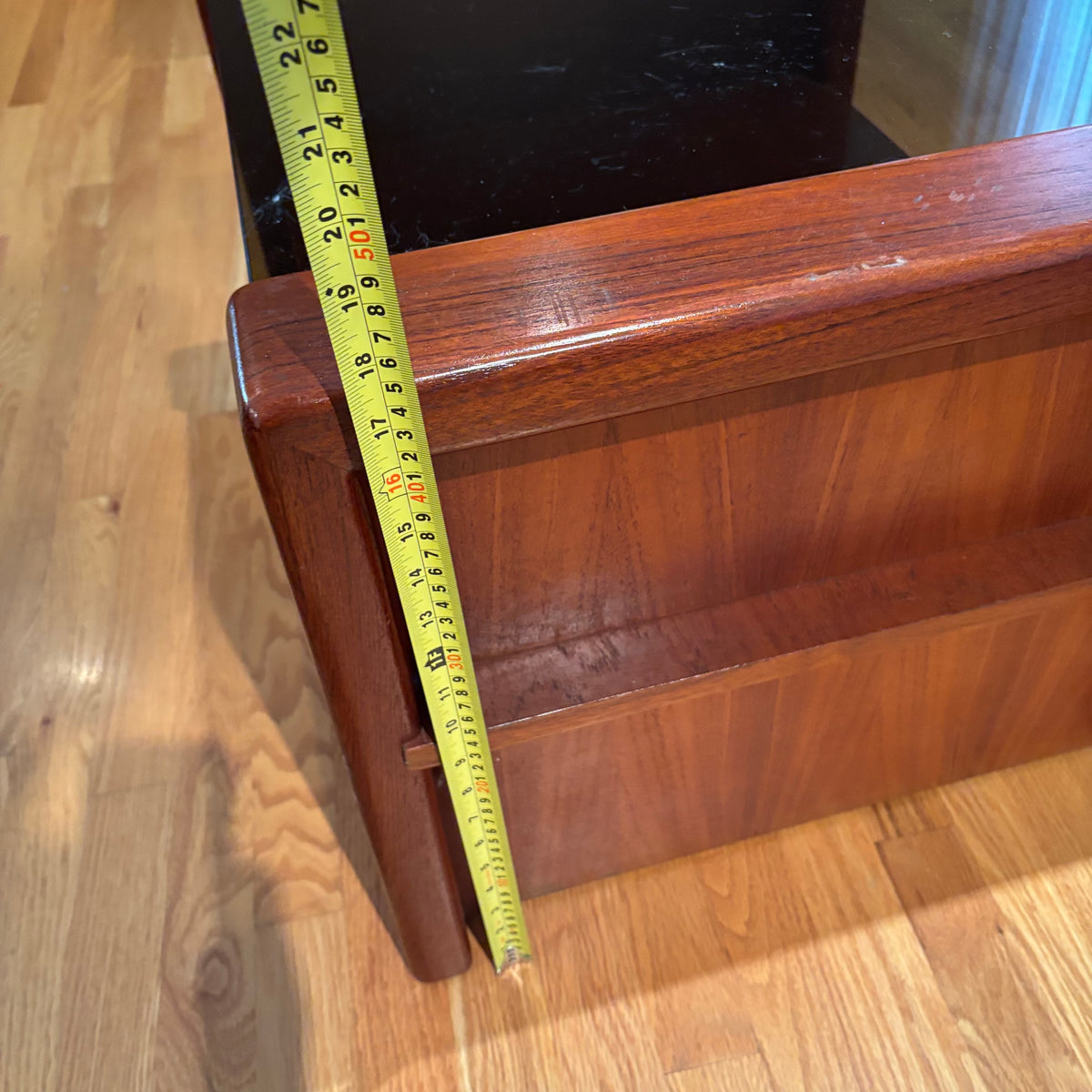 R121 Vintage Wooden side table with smoked glass