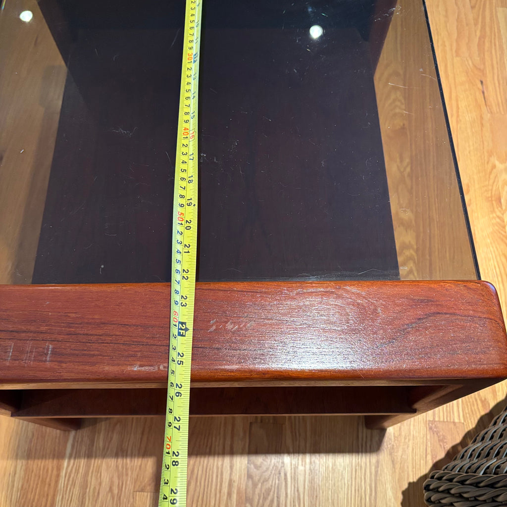 R121 Vintage Wooden side table with smoked glass