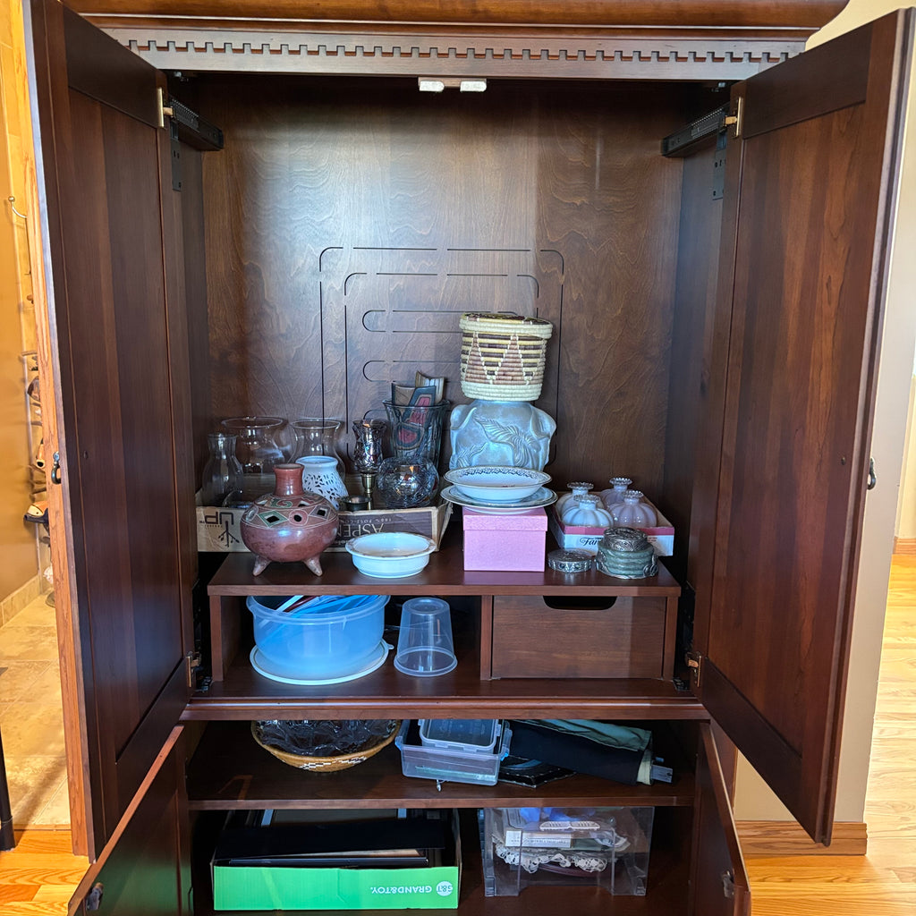R124 Dark wood entertainment armoire with slide in doors  ***contents not included