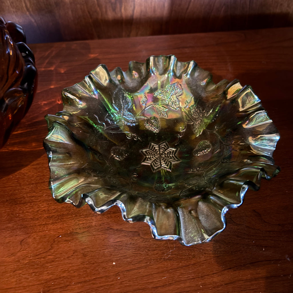 R131 Vintage Glass Grouping (amber bowl and carnival glass bowl)
