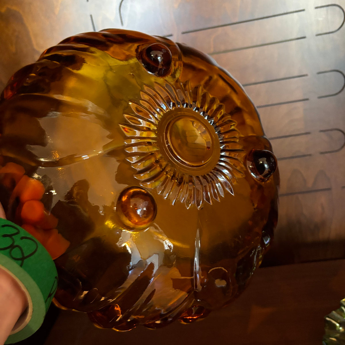 R131 Vintage Glass Grouping (amber bowl and carnival glass bowl)