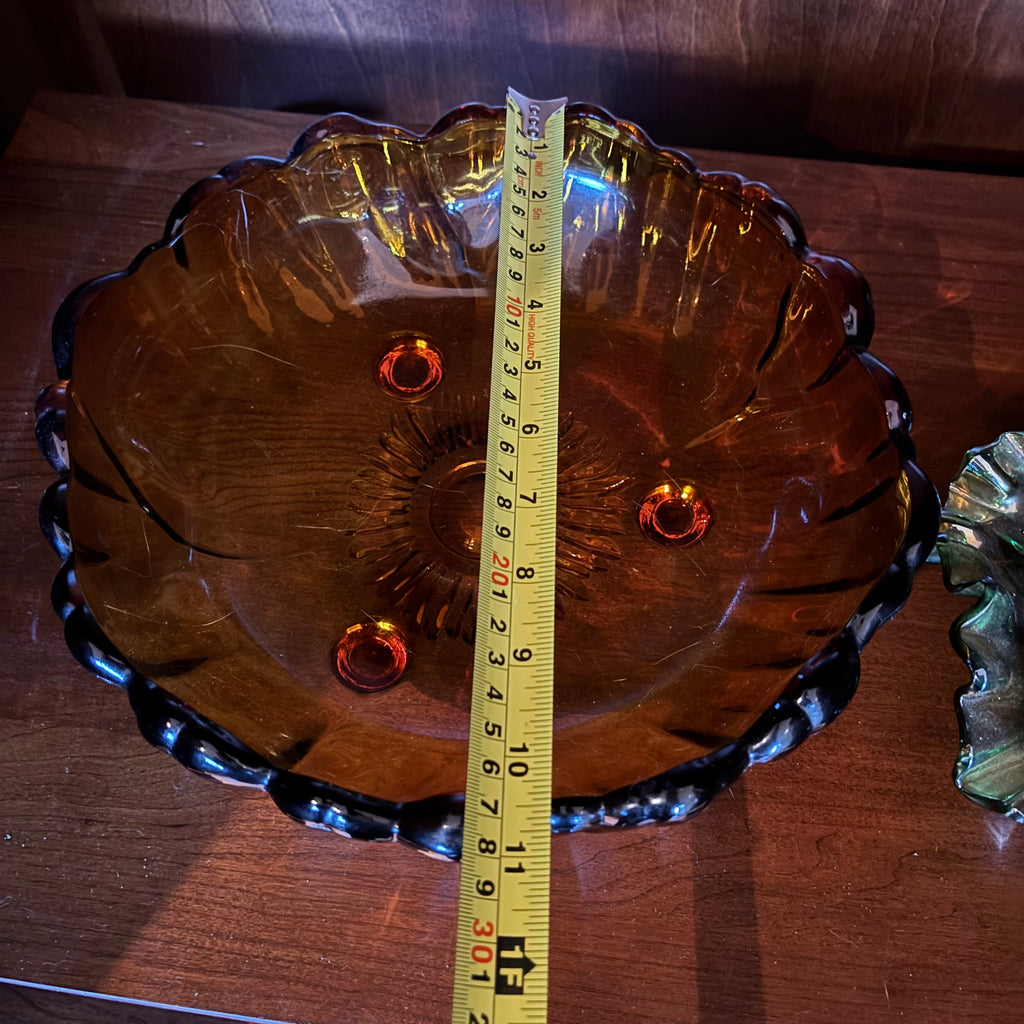 R131 Vintage Glass Grouping (amber bowl and carnival glass bowl)