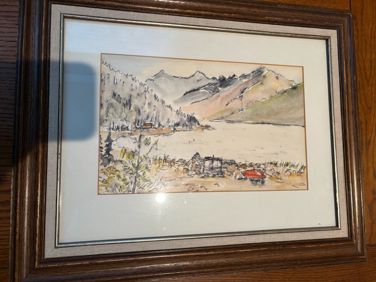 R214 Framed landscape print (mountain scene, 16" x 20")