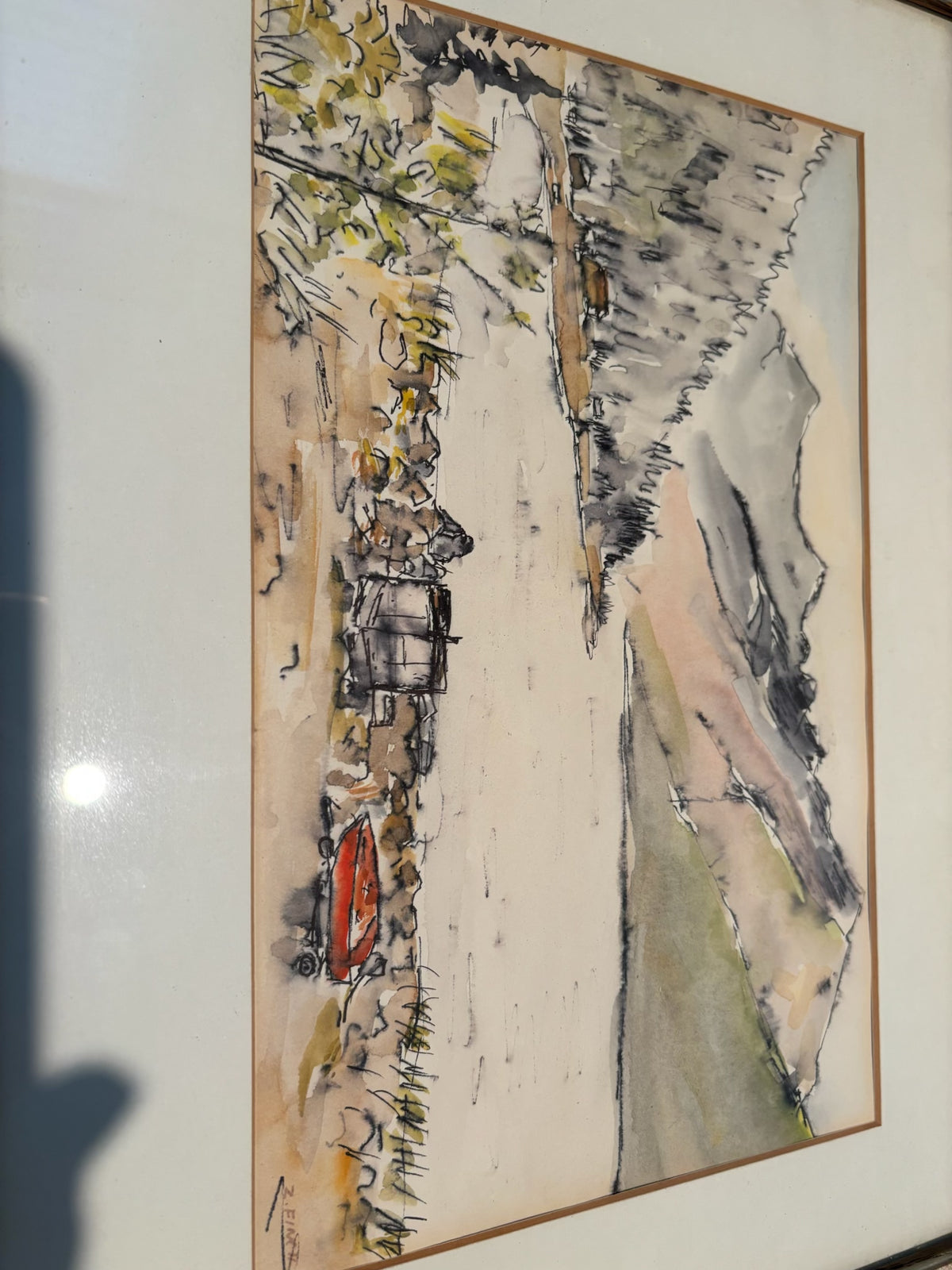 R214 Framed landscape print (mountain scene, 16" x 20")
