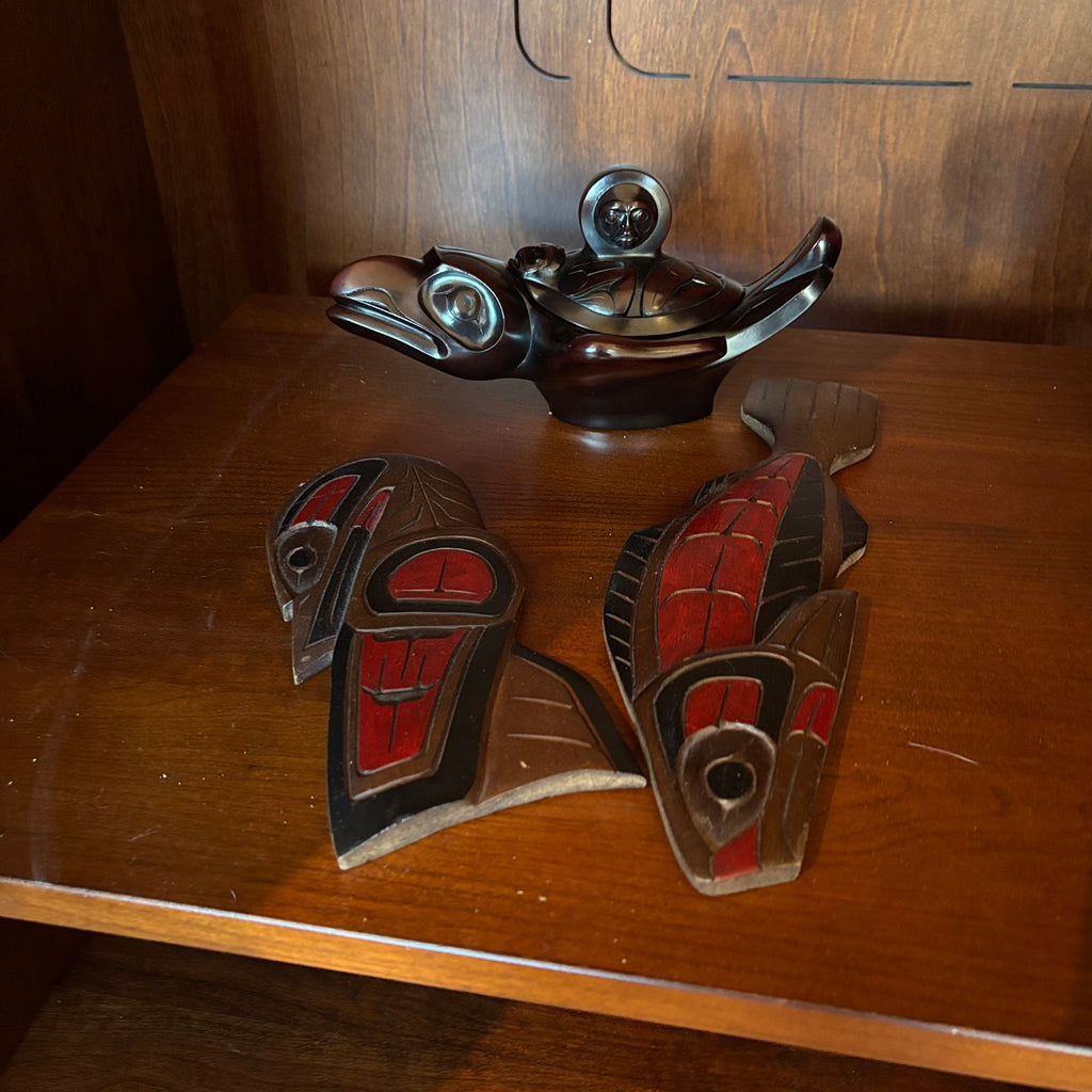 R137 Northwest Coast Style Grouping (wooden wall plaques and Boma spirit box )