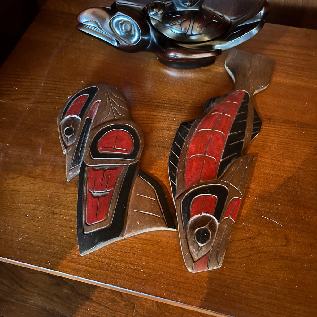 R137 Northwest Coast Style Grouping (wooden wall plaques and Boma spirit box )