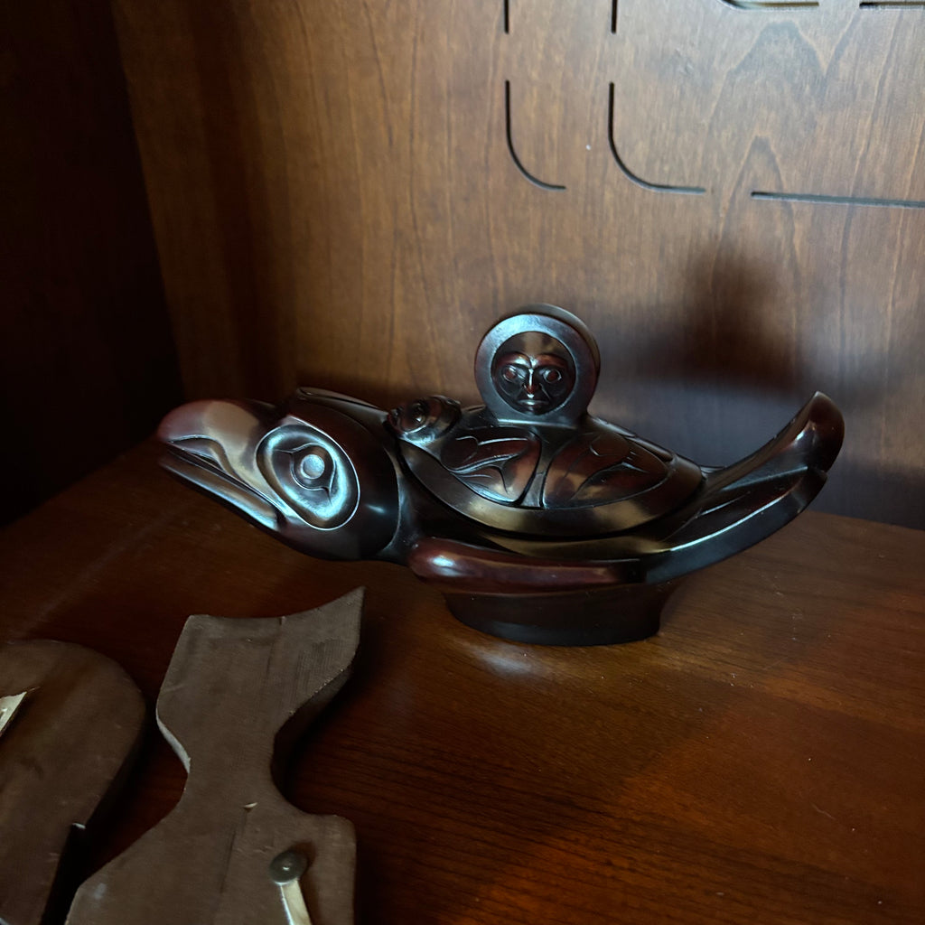 R137 Northwest Coast Style Grouping (wooden wall plaques and Boma spirit box )