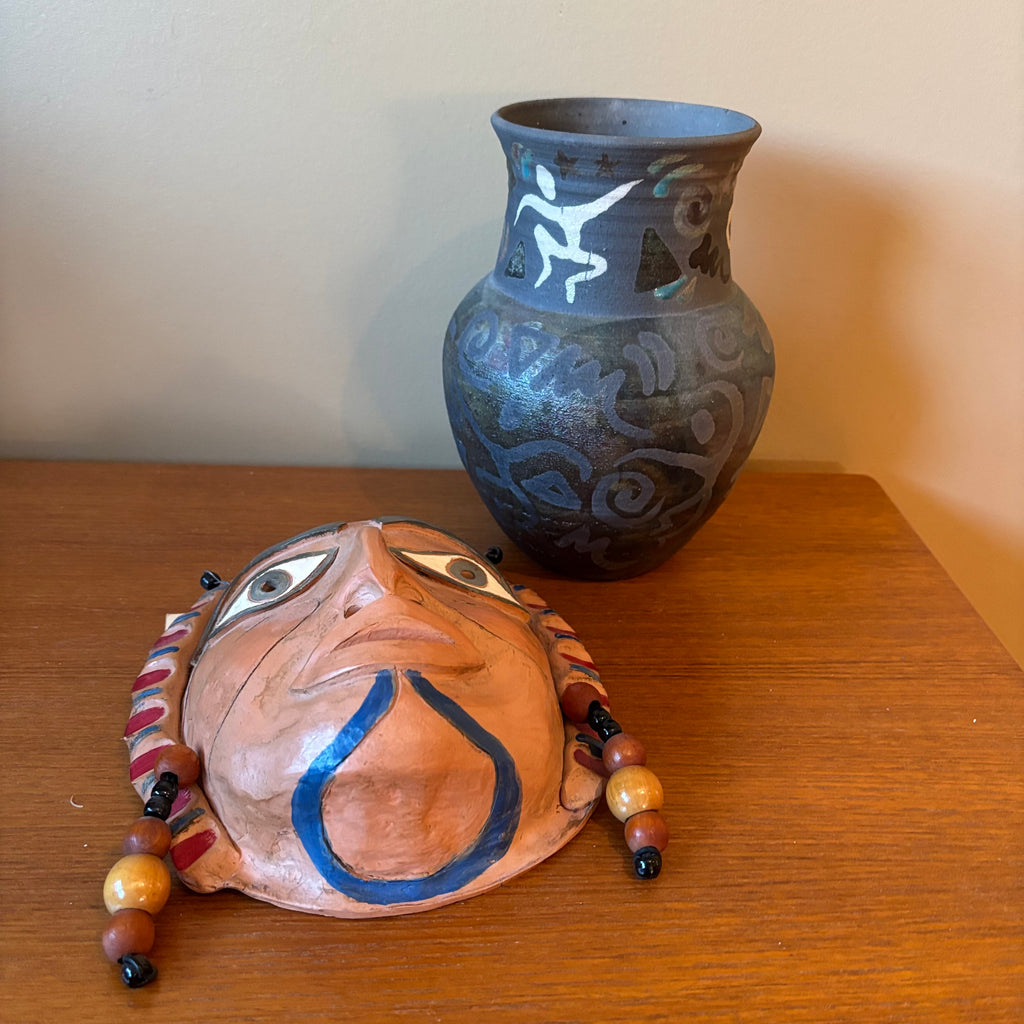 R140 Home Decor Grouping (pottery vase and terracotta mask)