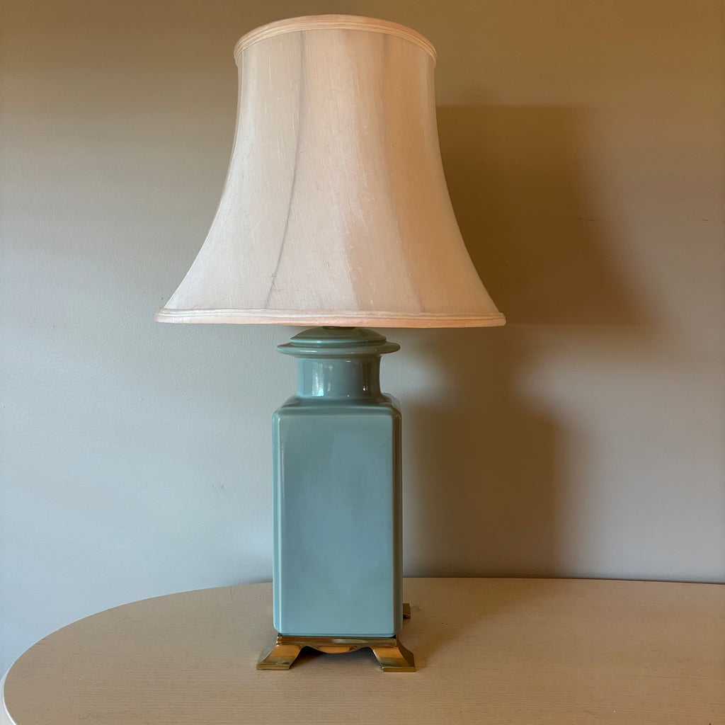R152 Vintage blue ceramic base table lamp with ivory shade