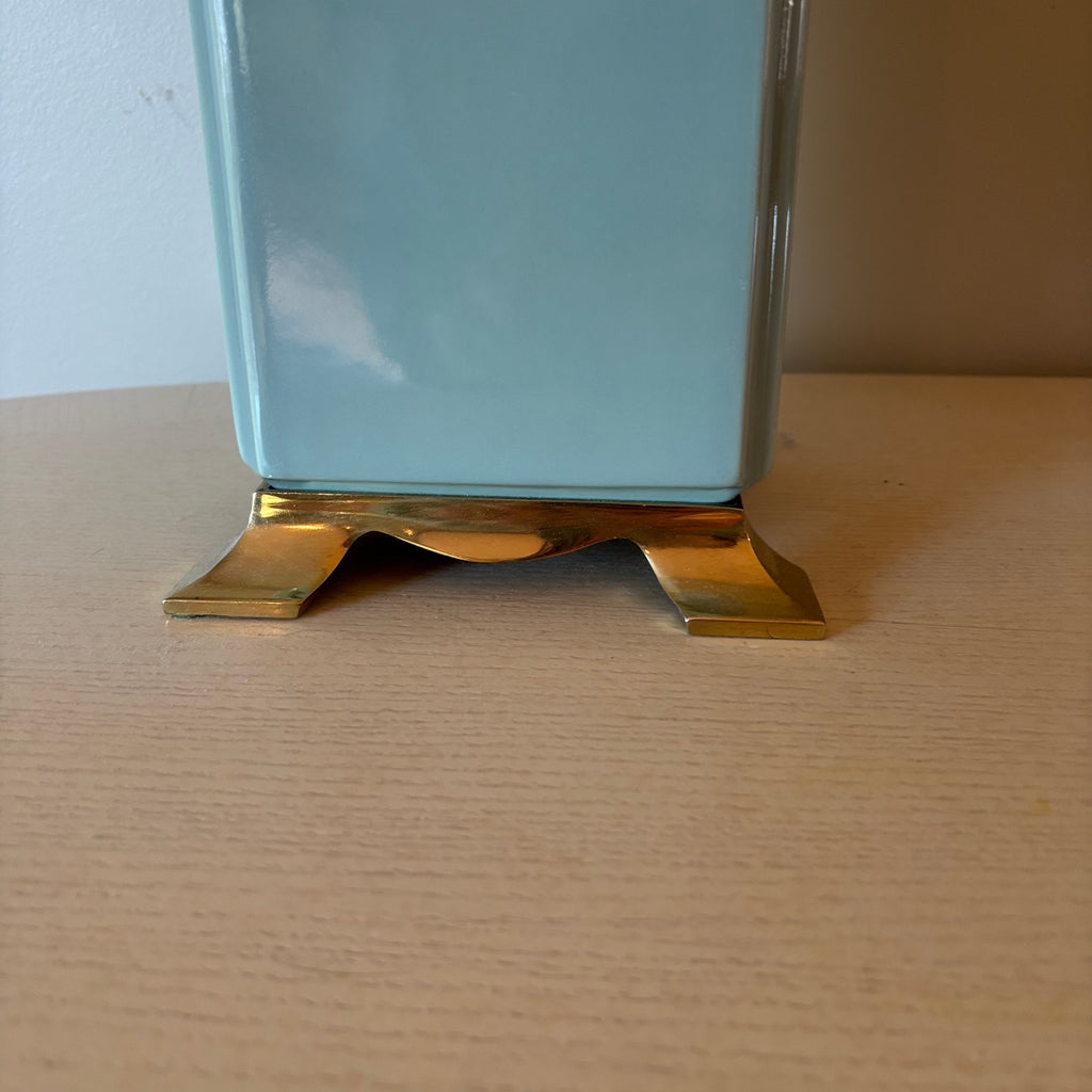 R152 Vintage blue ceramic base table lamp with ivory shade
