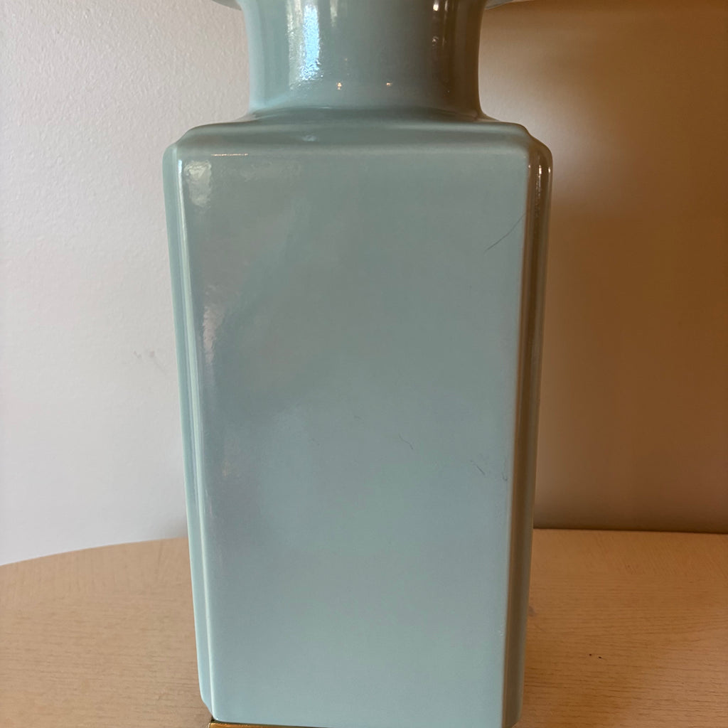 R152 Vintage blue ceramic base table lamp with ivory shade