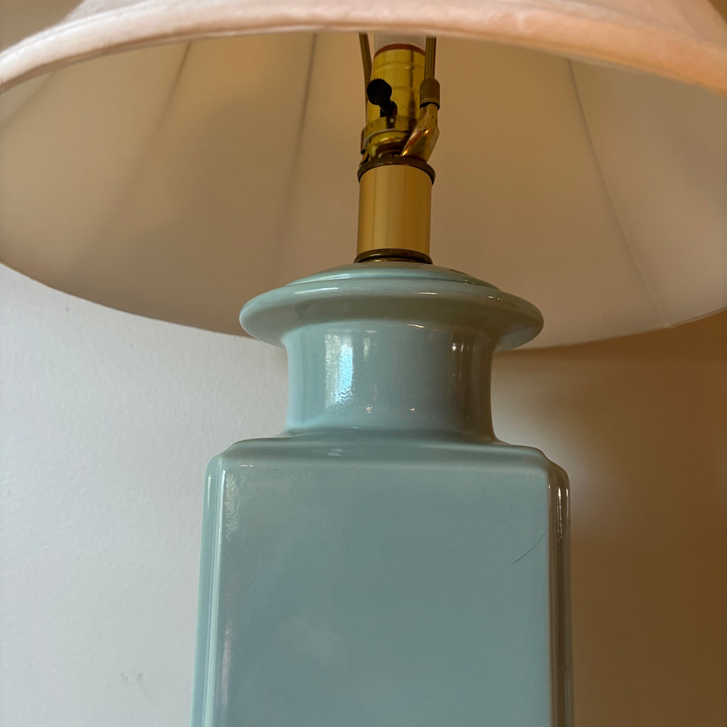 R152 Vintage blue ceramic base table lamp with ivory shade