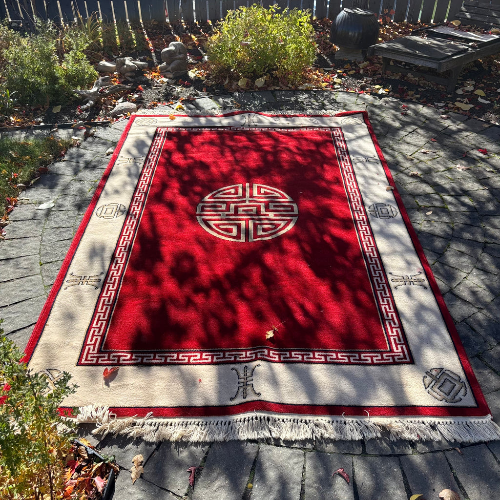 R155 Vintage large wool red and white area rug (8' x 66")