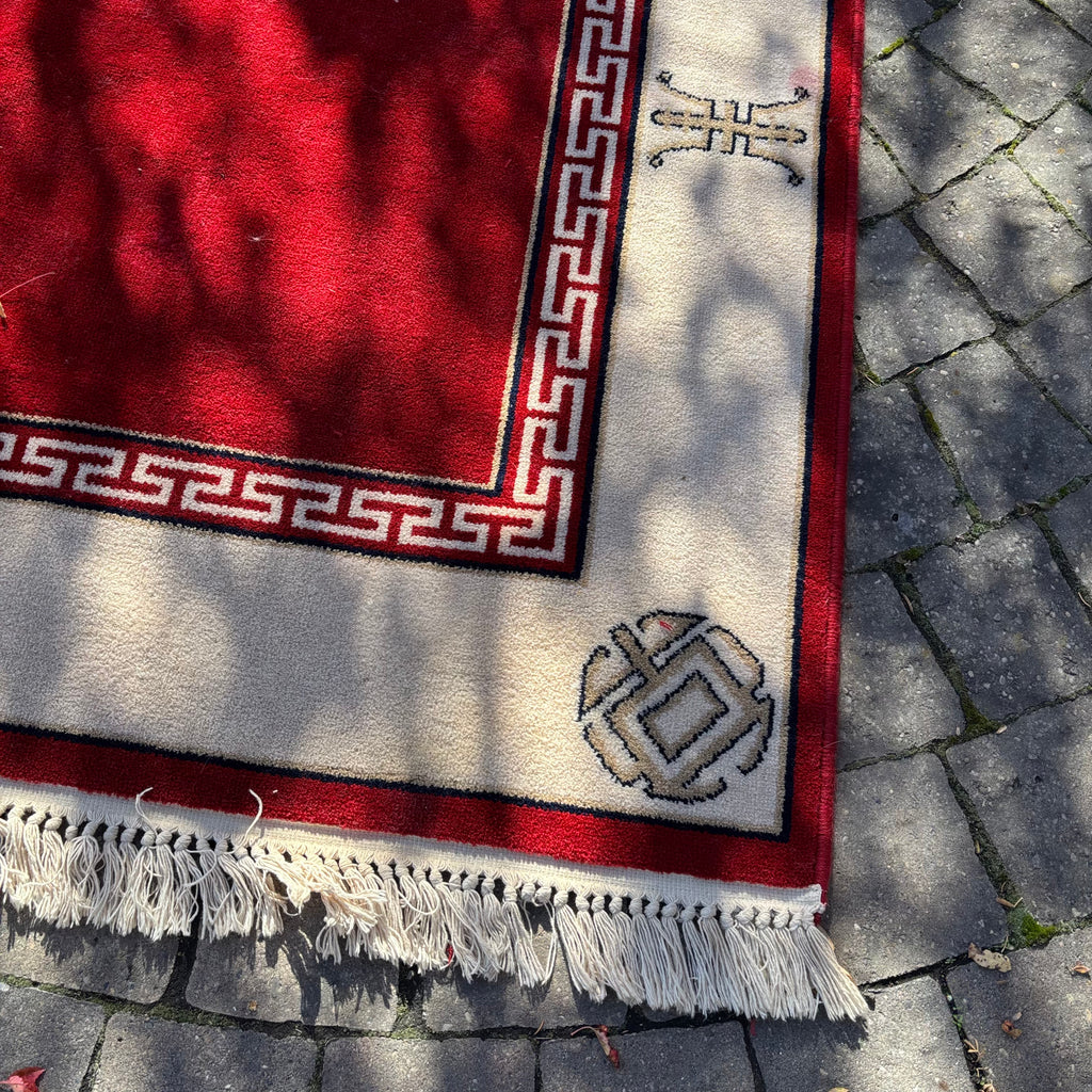 R155 Vintage large wool red and white area rug (8' x 66")