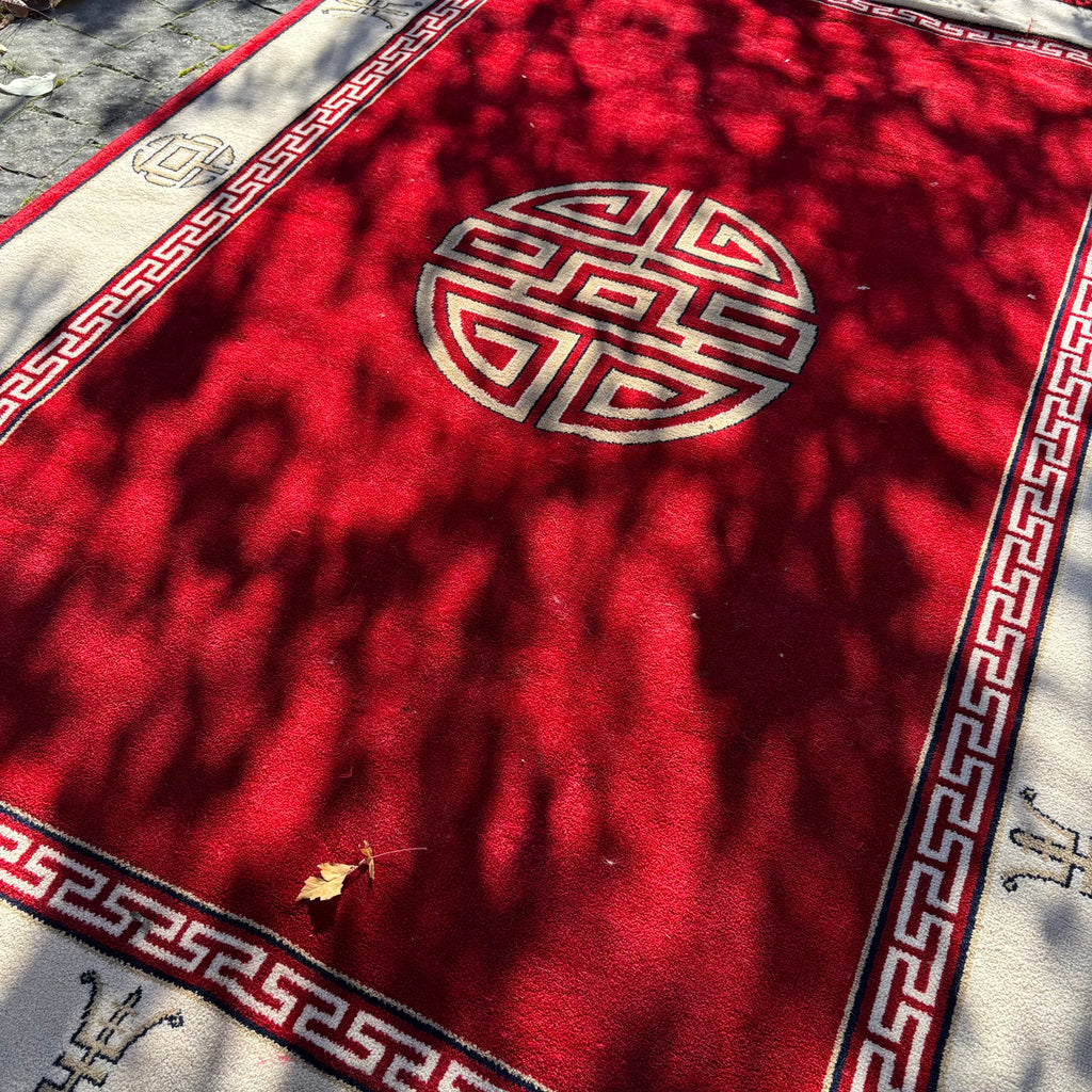 R155 Vintage large wool red and white area rug (8' x 66")