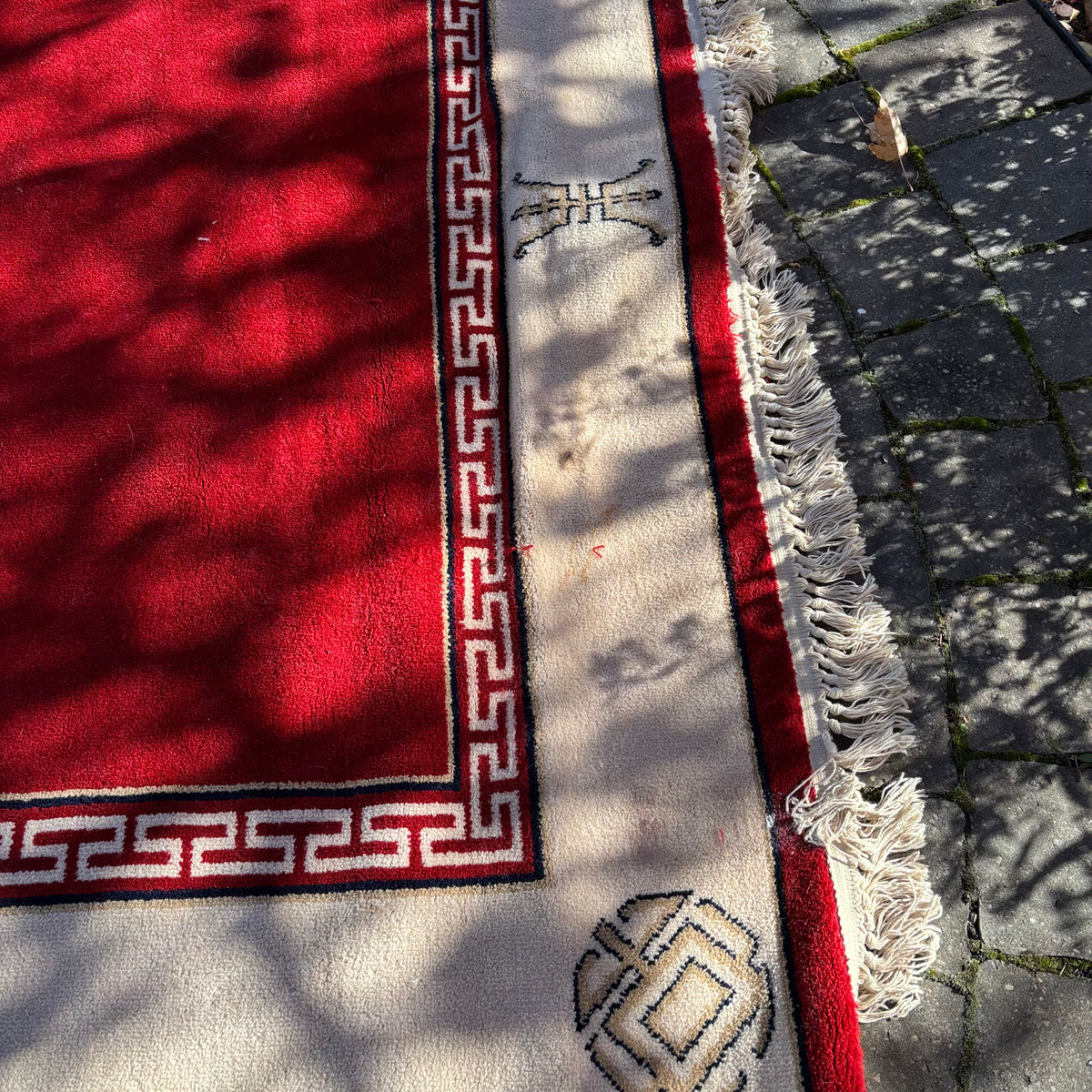 R155 Vintage large wool red and white area rug (8' x 66")