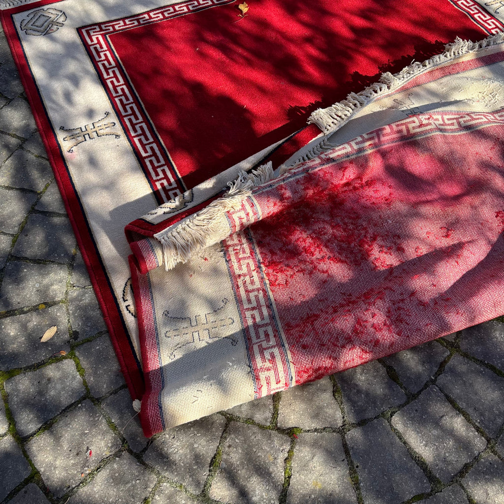 R155 Vintage large wool red and white area rug (8' x 66")