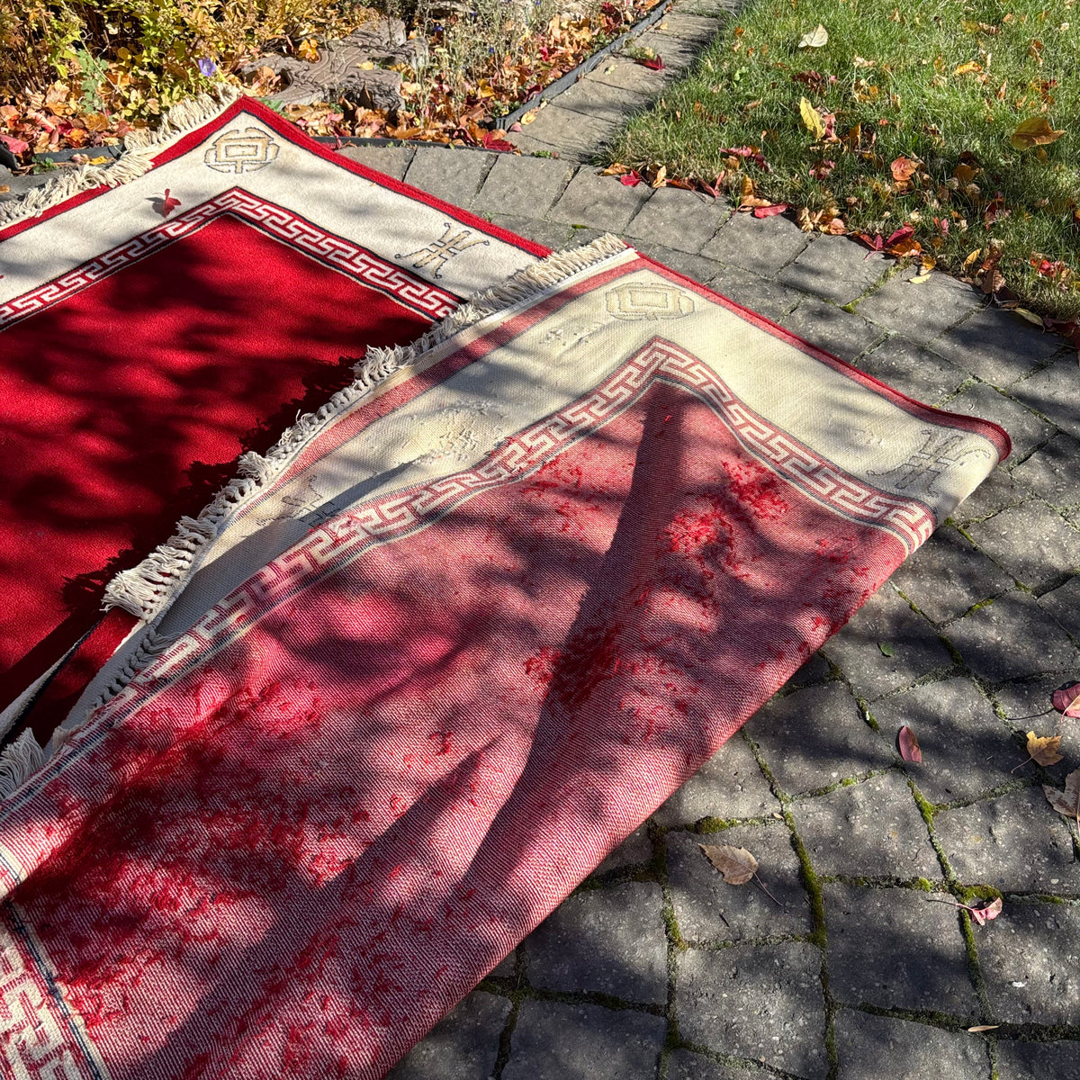 R155 Vintage large wool red and white area rug (8' x 66")