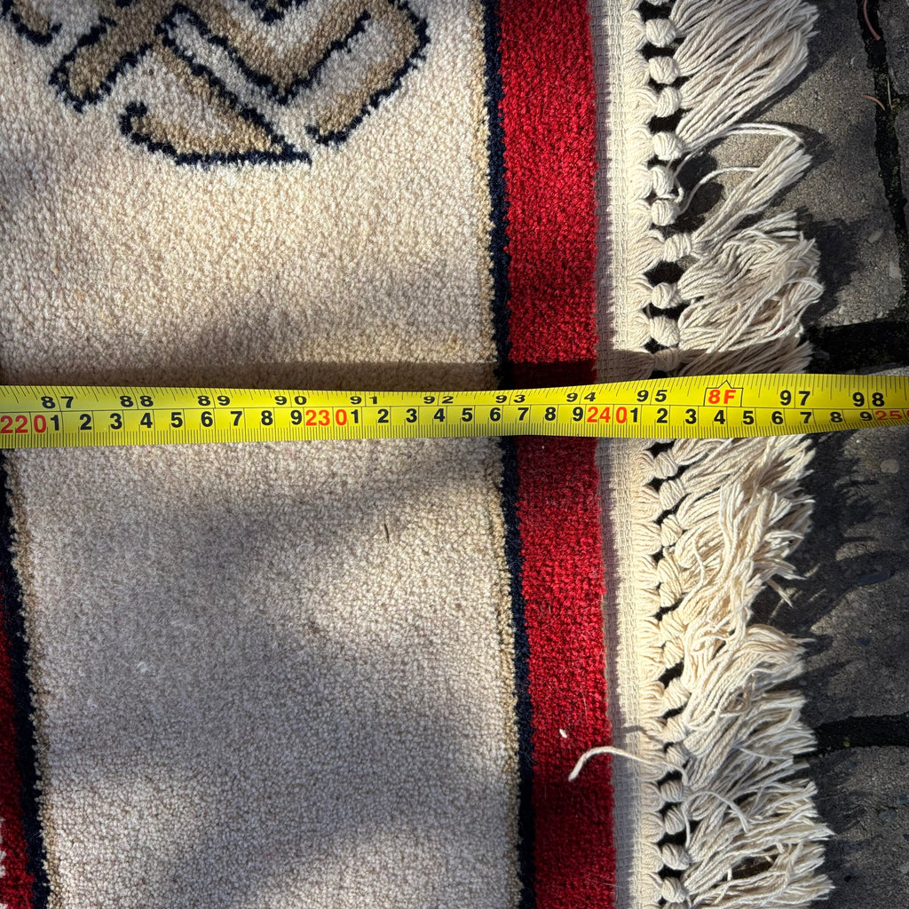 R155 Vintage large wool red and white area rug (8' x 66")