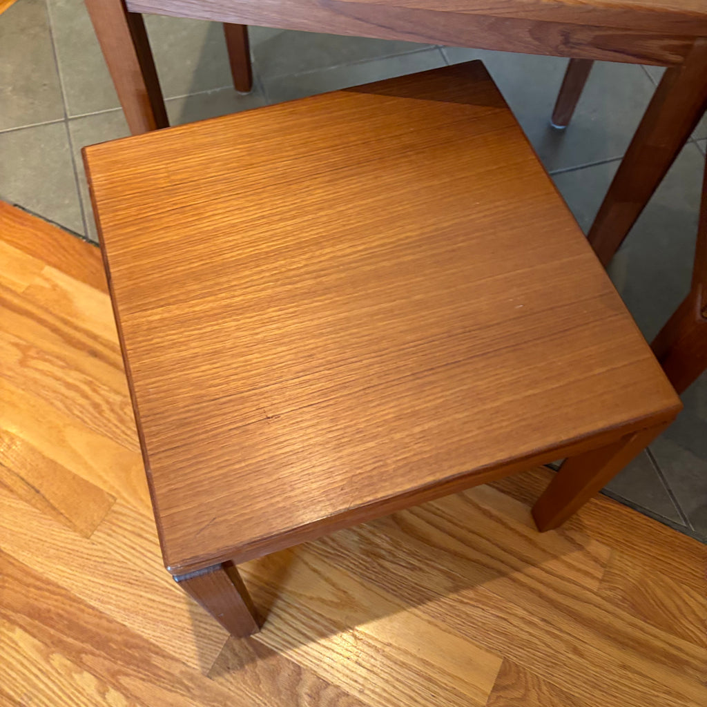 R160 Set of 3 Mid century teak nesting tables (one table has inlaid design)
