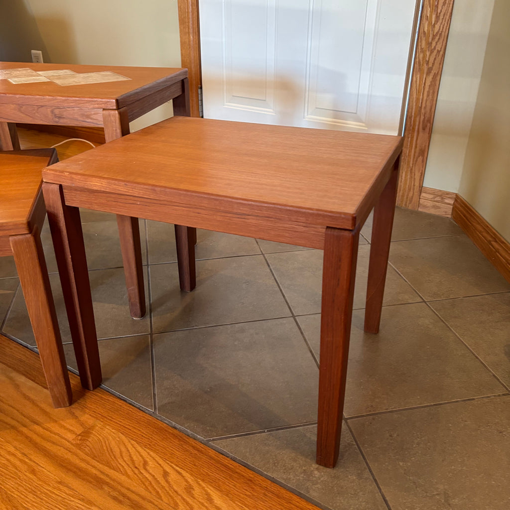 R160 Set of 3 Mid century teak nesting tables (one table has inlaid design)
