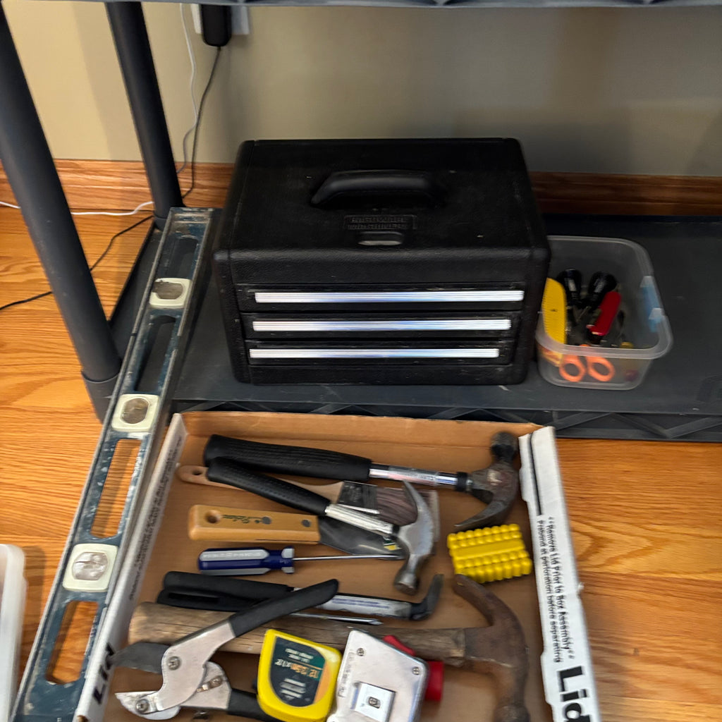 R162 Home Grouping (plastic shelving, black glass tiles and more) ***stereo pictured behind trolley NOT included