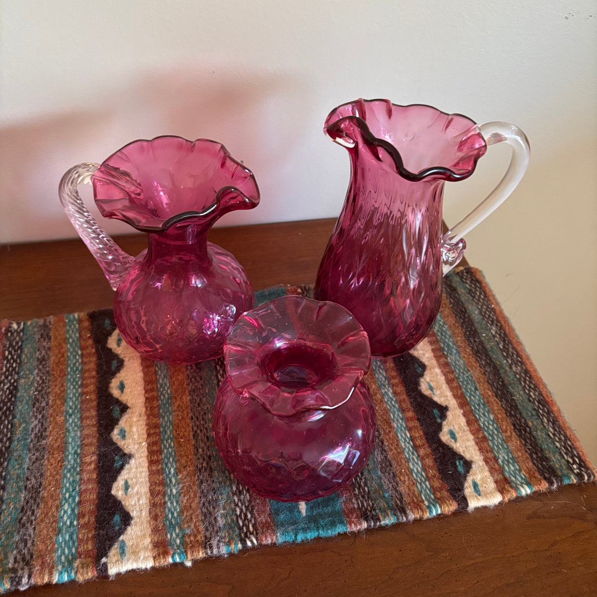 R164 3 Piece Vintage Cranberry Glass Grouping (jugs and more)