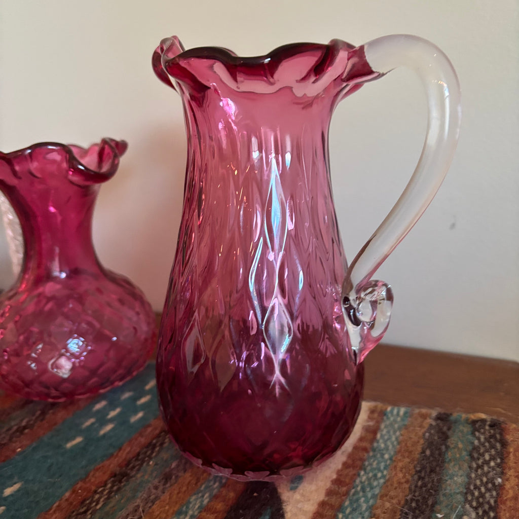 R164 3 Piece Vintage Cranberry Glass Grouping (jugs and more)