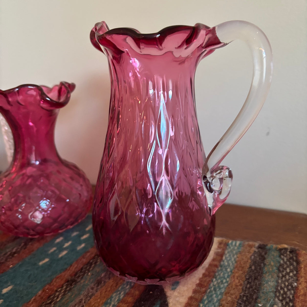 R164 3 Piece Vintage Cranberry Glass Grouping (jugs and more)
