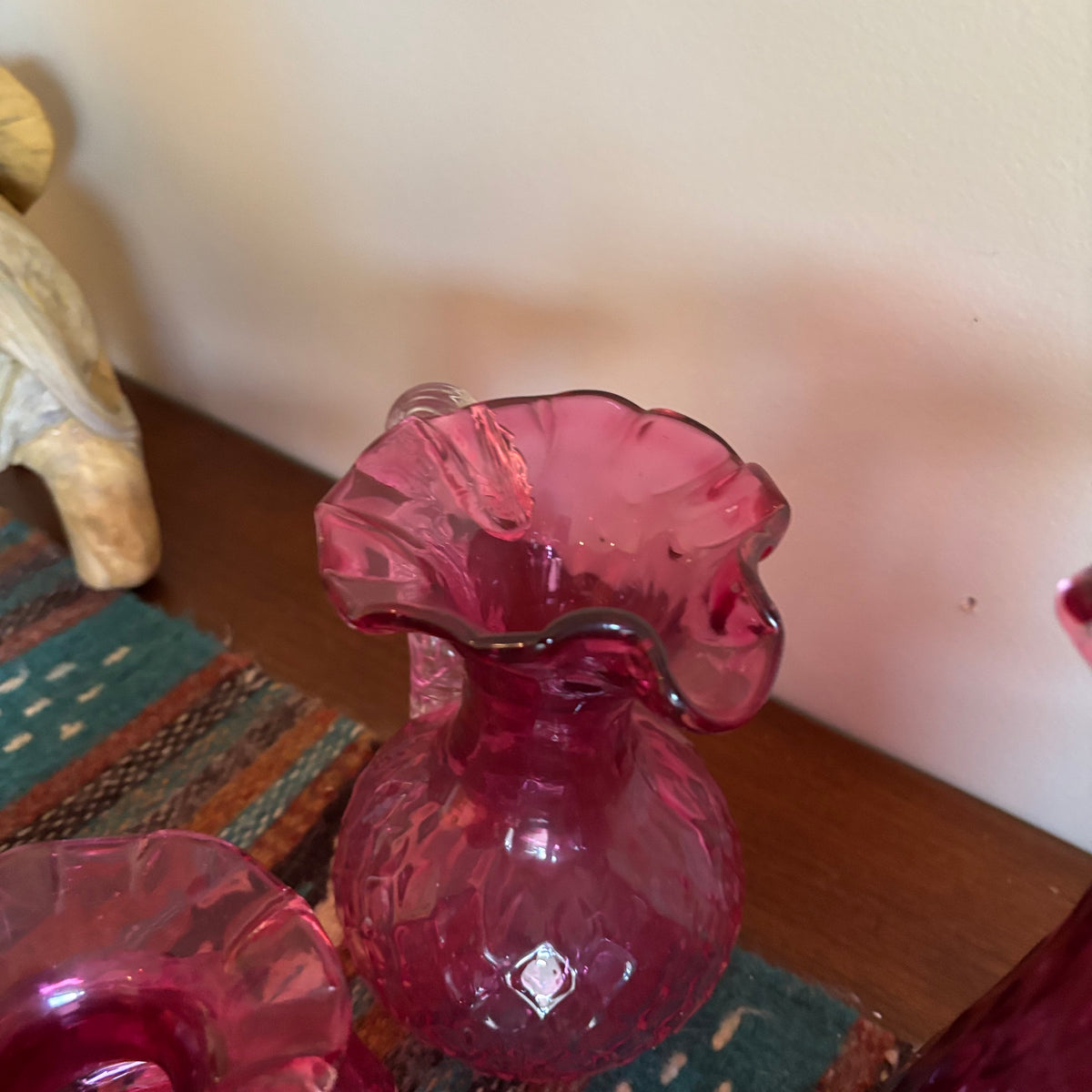 R164 3 Piece Vintage Cranberry Glass Grouping (jugs and more)