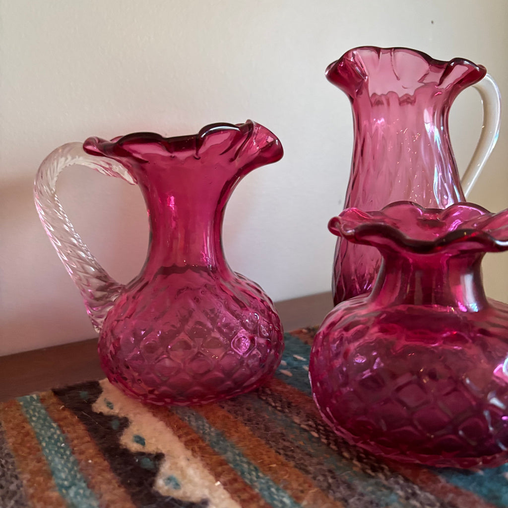 R164 3 Piece Vintage Cranberry Glass Grouping (jugs and more)