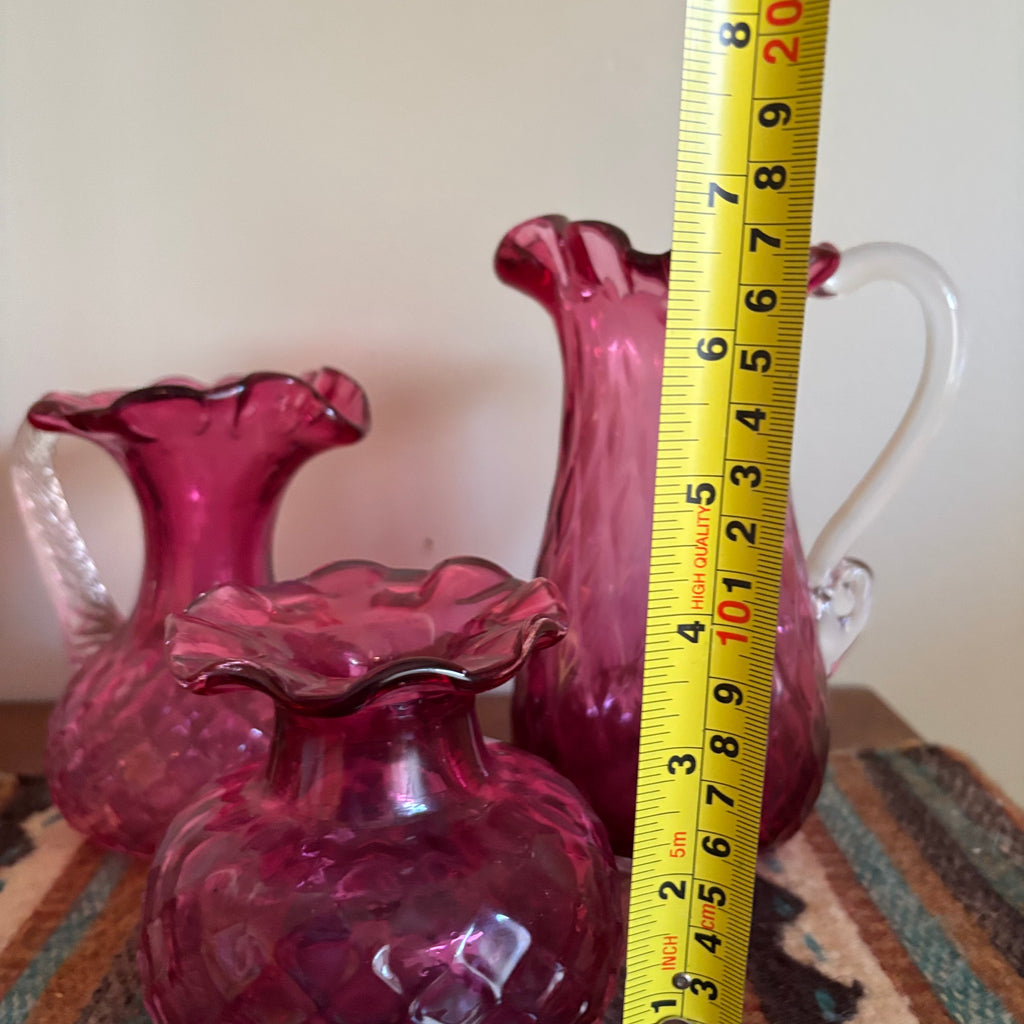 R164 3 Piece Vintage Cranberry Glass Grouping (jugs and more)