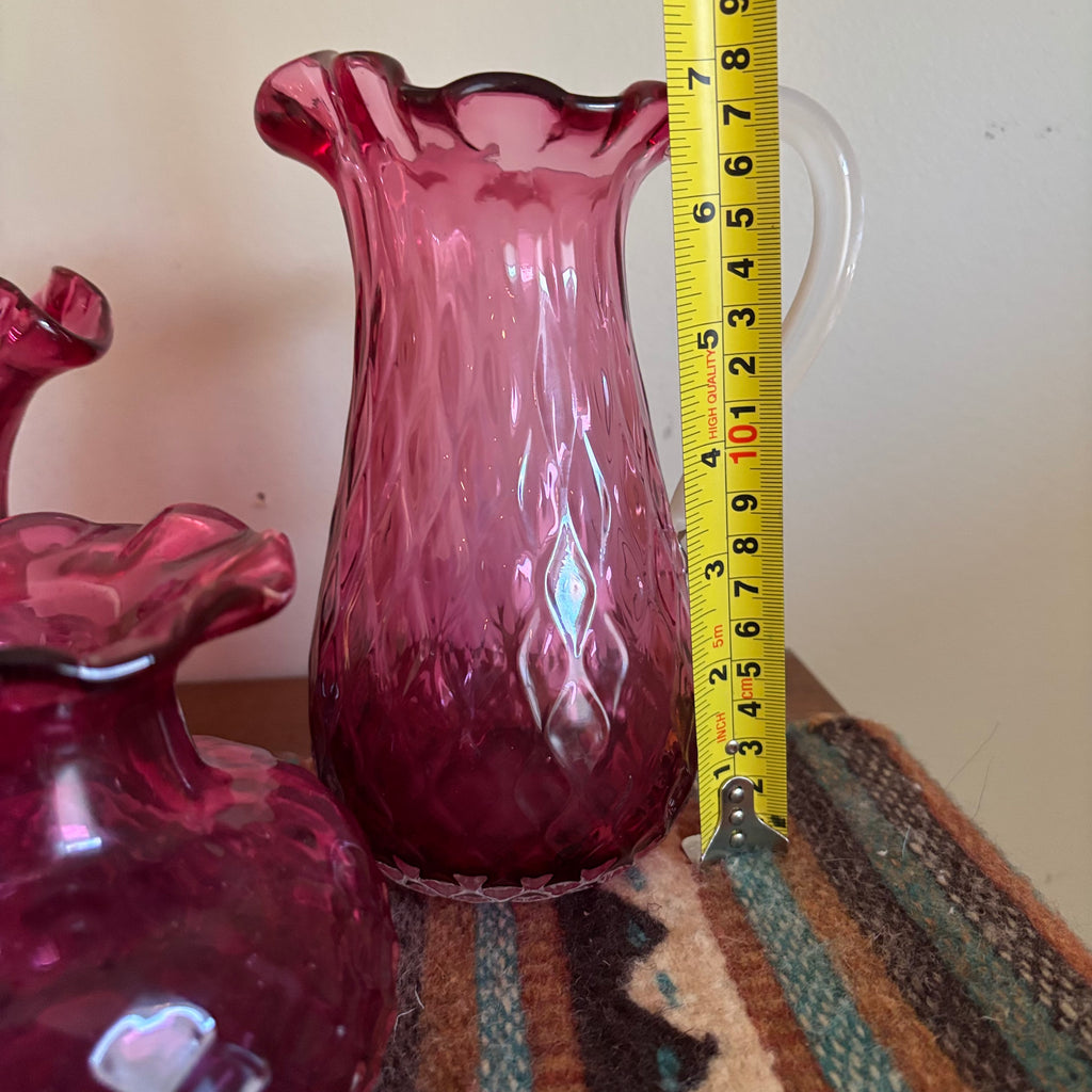 R164 3 Piece Vintage Cranberry Glass Grouping (jugs and more)