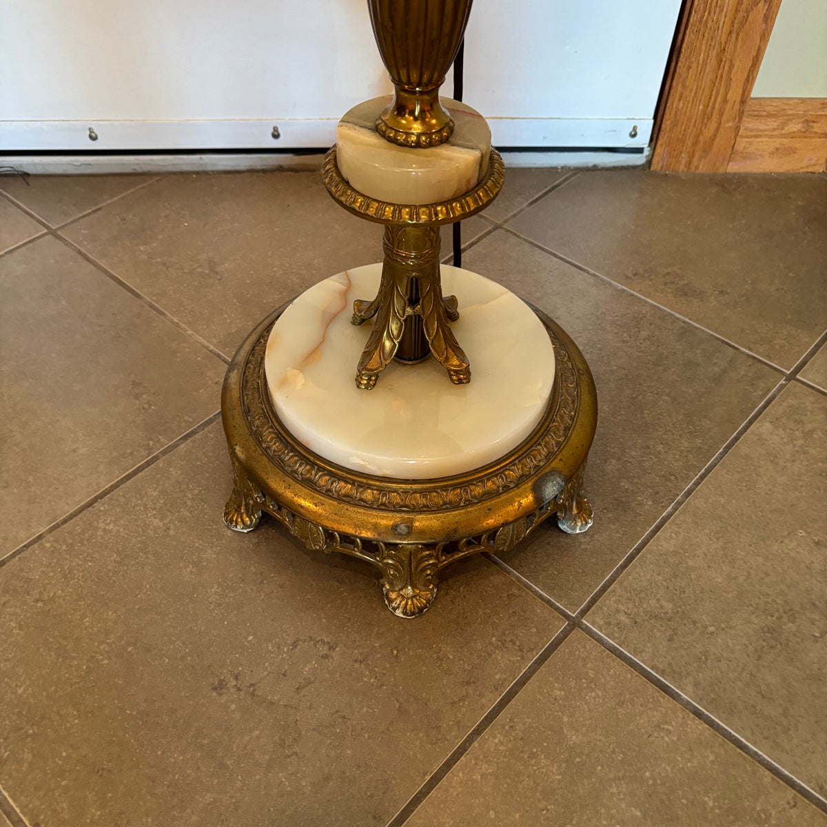 R170 Untested Vintage torchiere style floor lamp with mismatched glass shade (60" high)