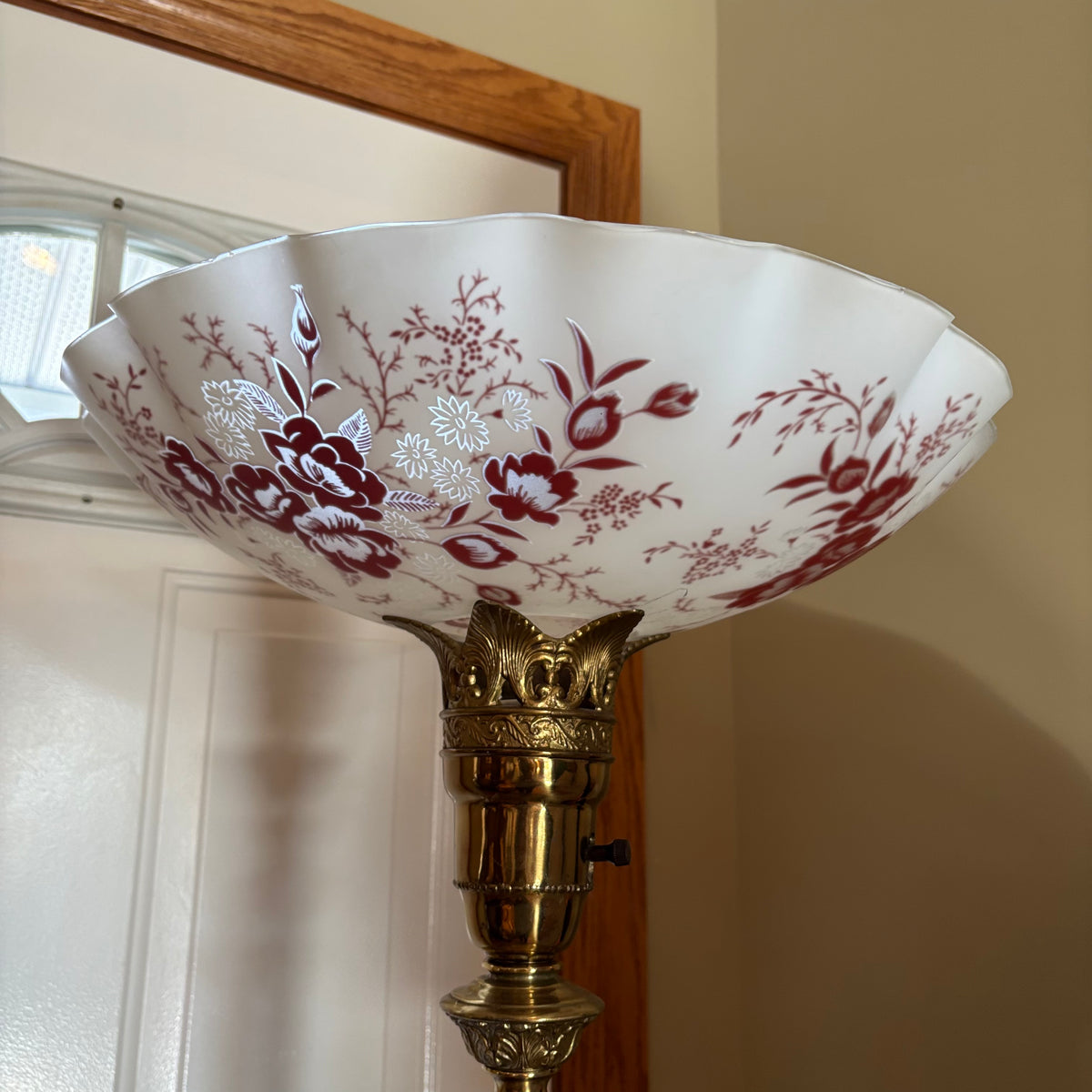 R170 Untested Vintage torchiere style floor lamp with mismatched glass shade (60" high)