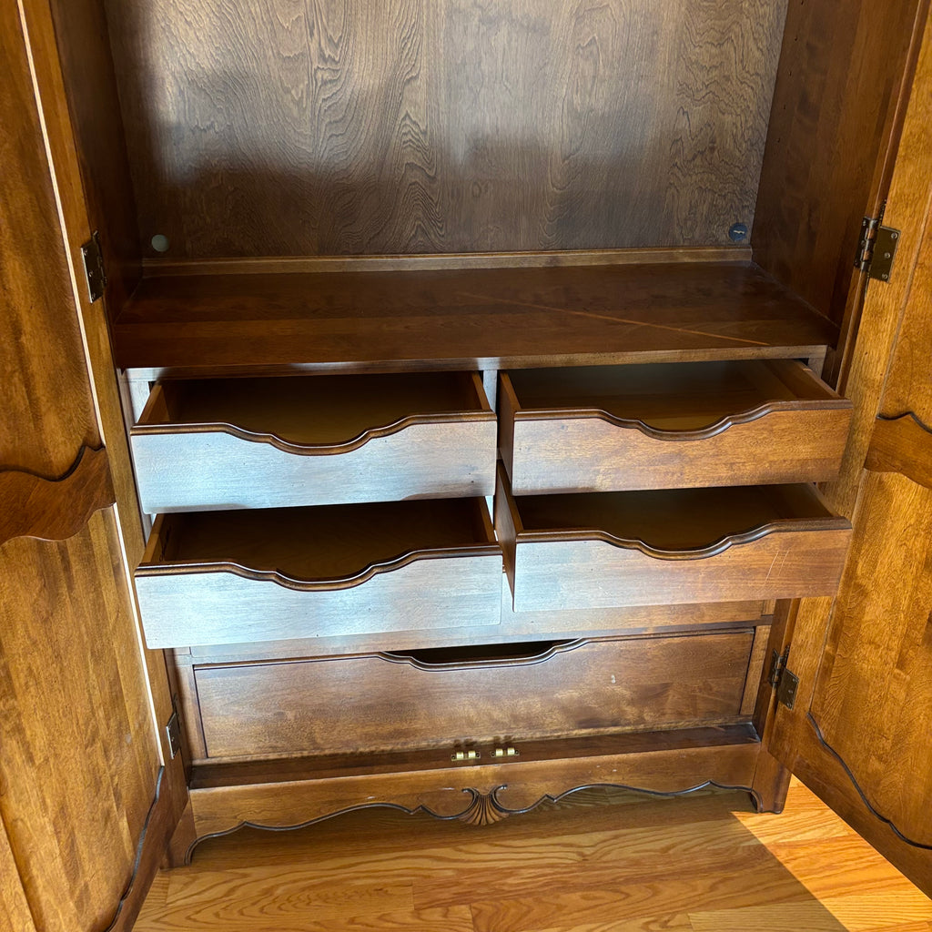 R172 Ethan Allan traditional solid wood storage armoire with clothes hanging rod (76” x 48” x 21.5”)
