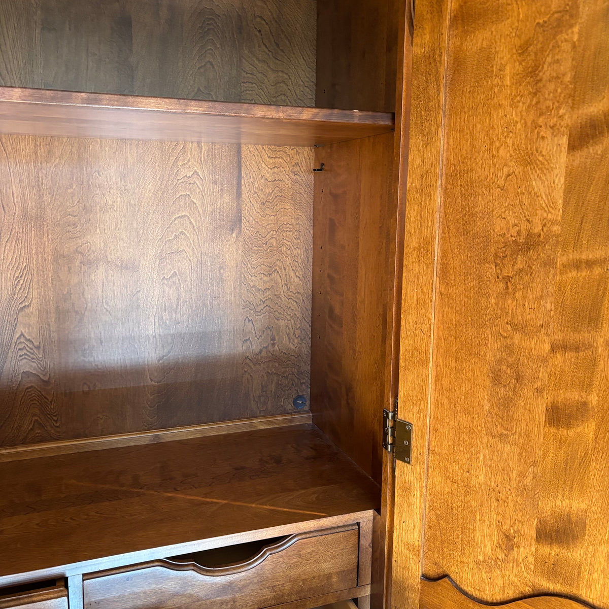 R172 Ethan Allan traditional solid wood storage armoire with clothes hanging rod (76” x 48” x 21.5”)