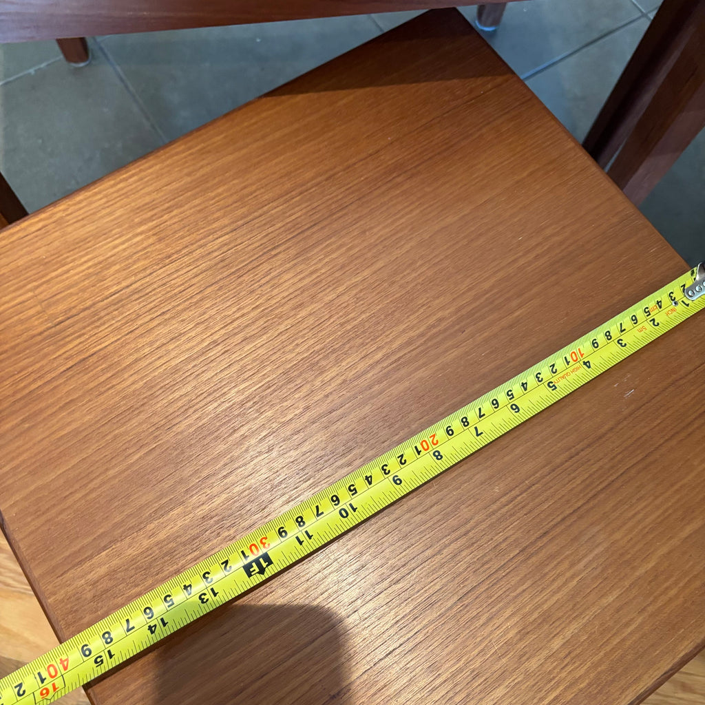 R160 Set of 3 Mid century teak nesting tables (one table has inlaid design)