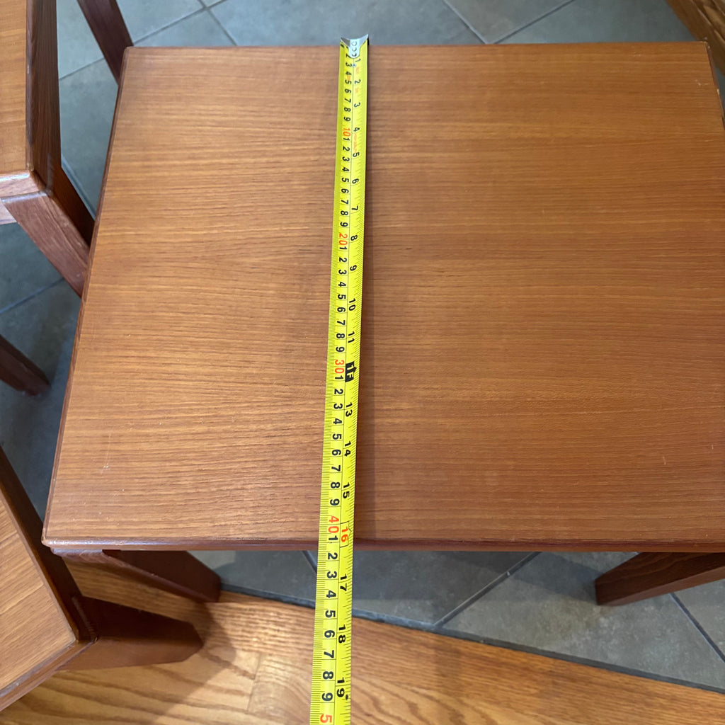 R160 Set of 3 Mid century teak nesting tables (one table has inlaid design)