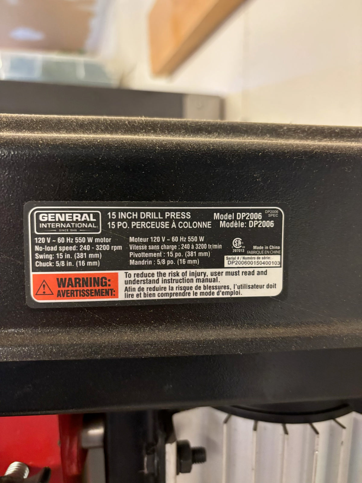 D221 General International drill press and accessories