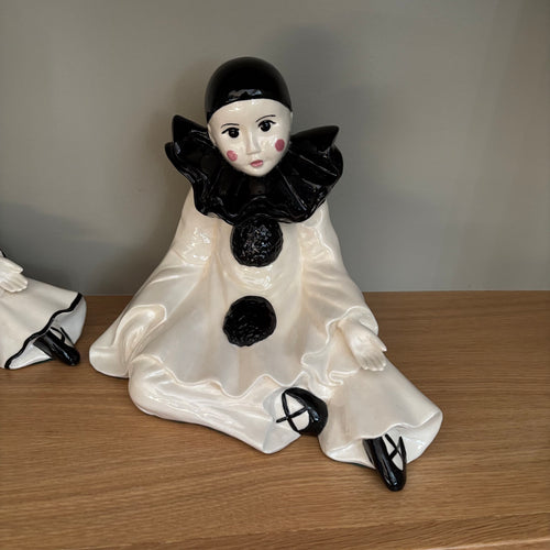 D111 Set of 2 vintage Pierrot ceramic clown statues (10” tall)