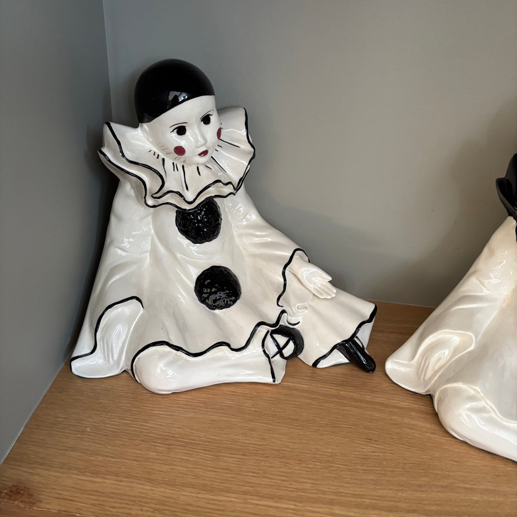 D111 Set of 2 vintage Pierrot ceramic clown statues (10” tall)