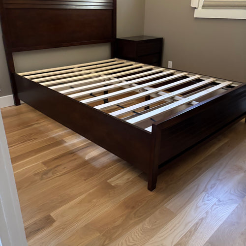 D113 Dark wood Queen size bed frame with 2 drawers under foot of frame