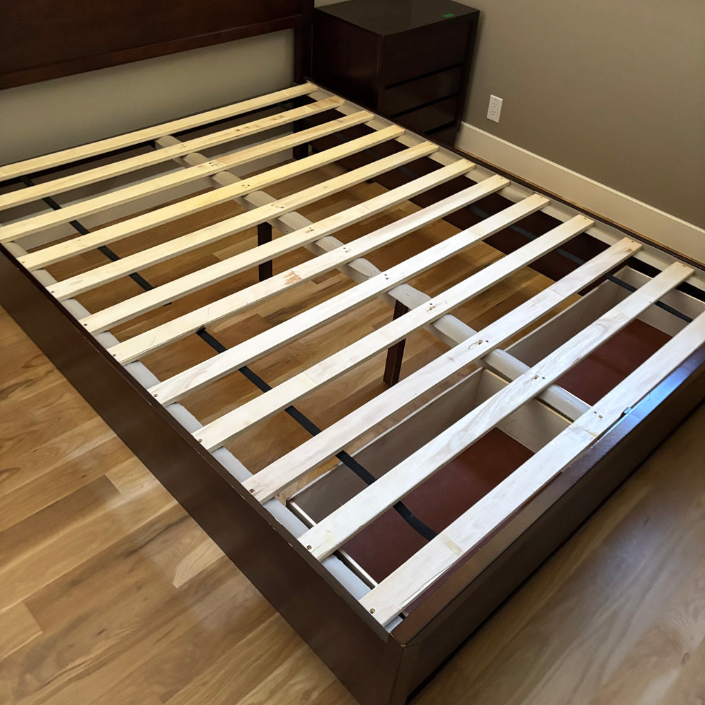 D113 Dark wood Queen size bed frame with 2 drawers under foot of frame